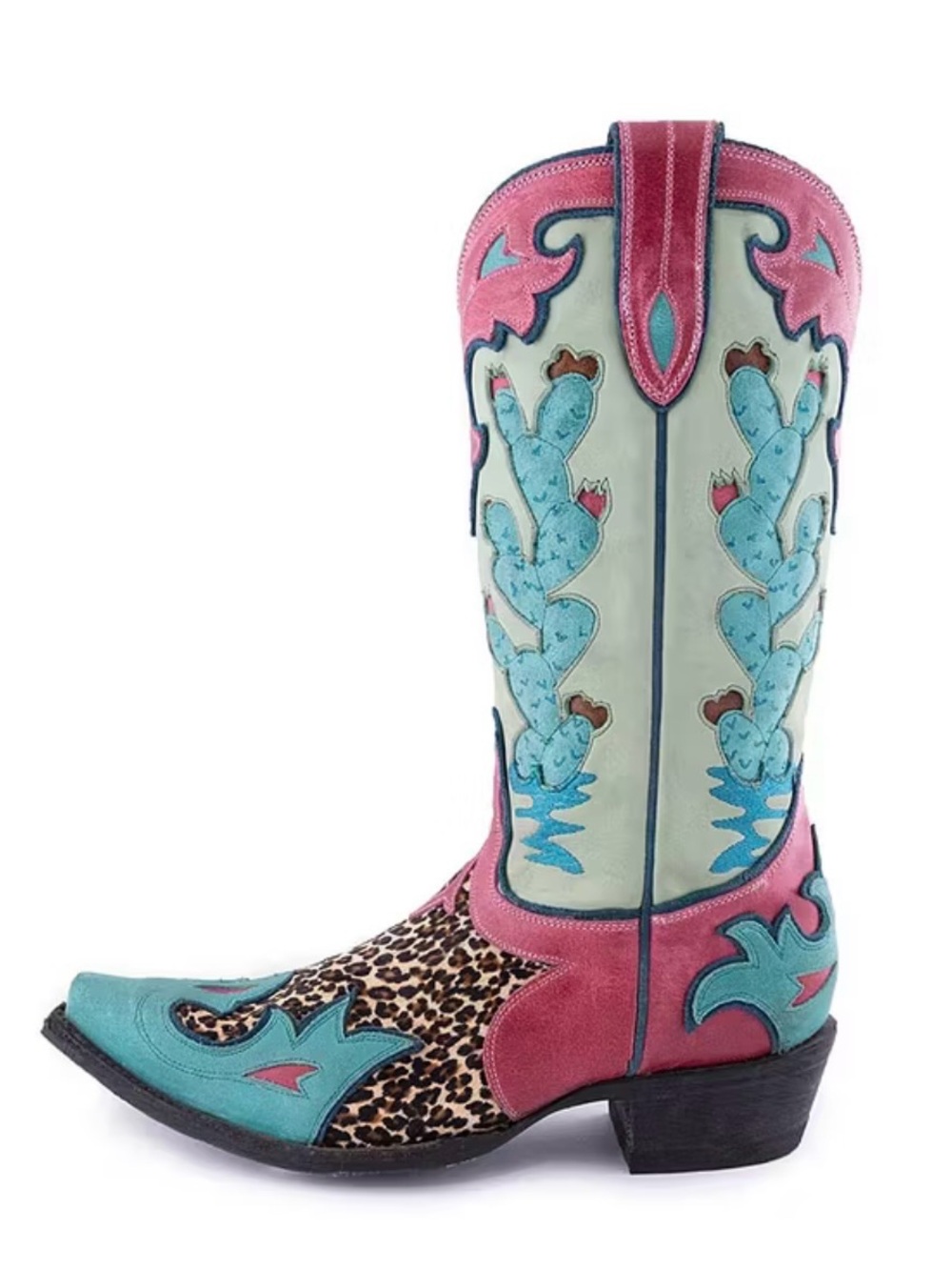 Turquoise Pink Cowgirl Boots with Leopard Accent